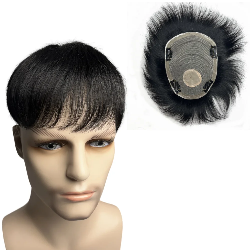 100% Natural Human Hair Toupee with 4 Clips on Short Hair Replacement System Prosthetic Men's Wig Male Pieces For Men Baldness