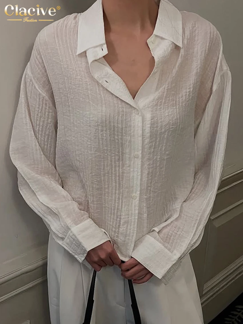 

Clacive Fashion Loose White Women's Shirt 2025 Casual Lapel Long Sleeve Lady Blouse Elegant Classic Solid Top Female Clothing