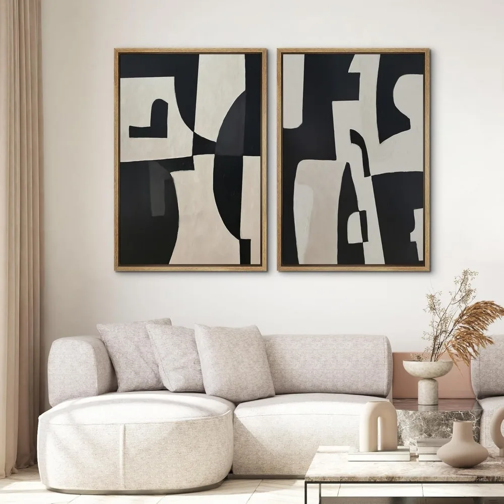 مجموعة فنية جدارية مطبوعة على القماش مؤطرة باللونين الأسود والبيج، رسوم توضيحية هندسية حديثة وجريئة وبسيطة، حد أدنى للديكور زن #2