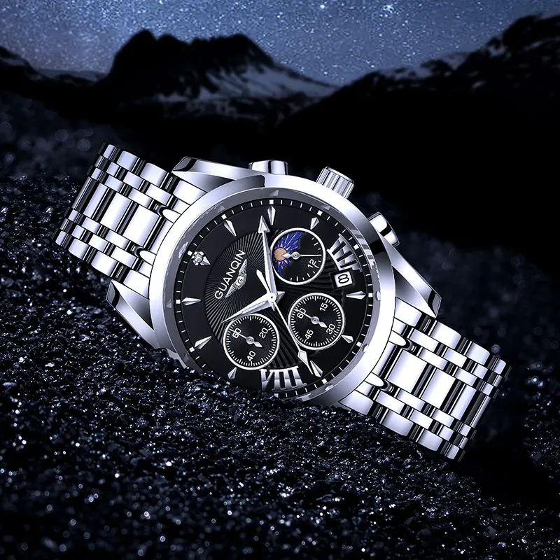 GUANQIN Stainless steel Luxury Quartz Men\'s watches Moon Phase Waterproof Sapphire watch for men With drill Luminous Chronograph