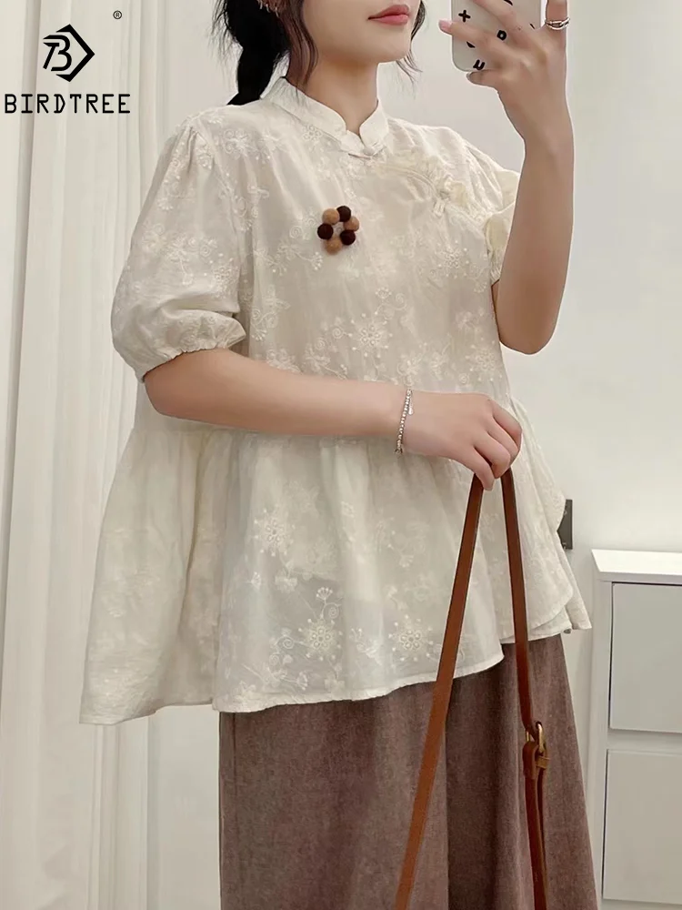 

New Summer Cotton Short Sleeve Shirts Embroidery Ruffles Tops Mori Girl Casual Sweet Loose Retro Blouse 2024 Autumn T46401QM