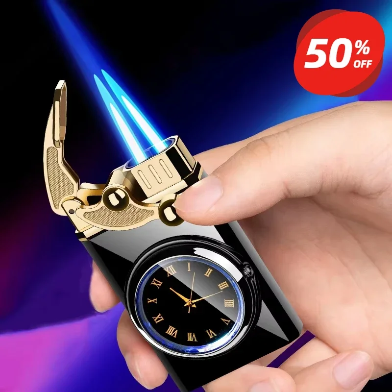 

Windproof Metal Rocker Ignition Watch Gas Lighter Colorful Lights Jet Butane Double Flame Flashlight Cigar Lighter Men Gift