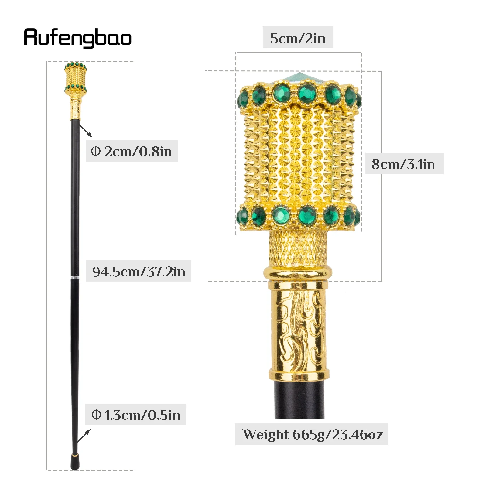 Golden Green Artificial Diamond  Cane Fashion Decorative Walking Stick Cosplay Cane Knob Crosier 94cm Performance Stage Cane
