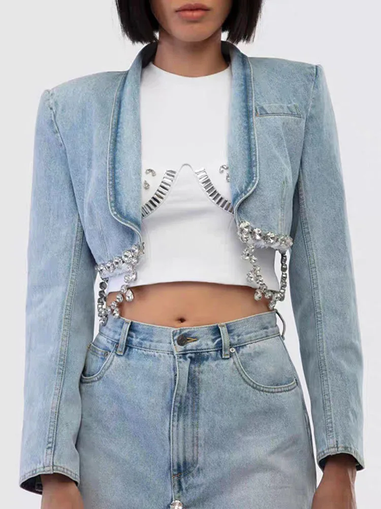 DEAT Vintage Fashion Women\'s Diamonds Chain Long Sleeves Denim Coat Pockets High Waist Wrap Hip Skirt Female 2024 Spring 33A647