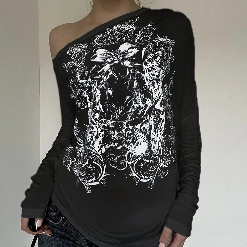 

Halloween European and American personality niche dark printing contrasting colors loose large version long-sleeved T-shirt top