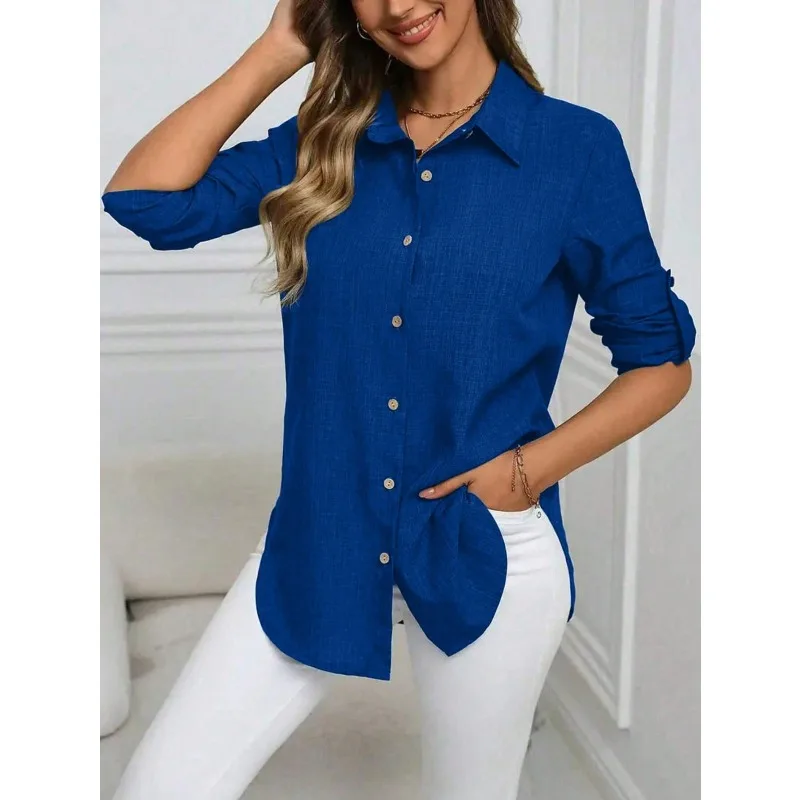 Plus Size 1XL-5XL New Women Casual Long Sleeve Blouse Shirt Ladies Casual Elegant Solid Lapel Blouse Vintage Shirt Tops