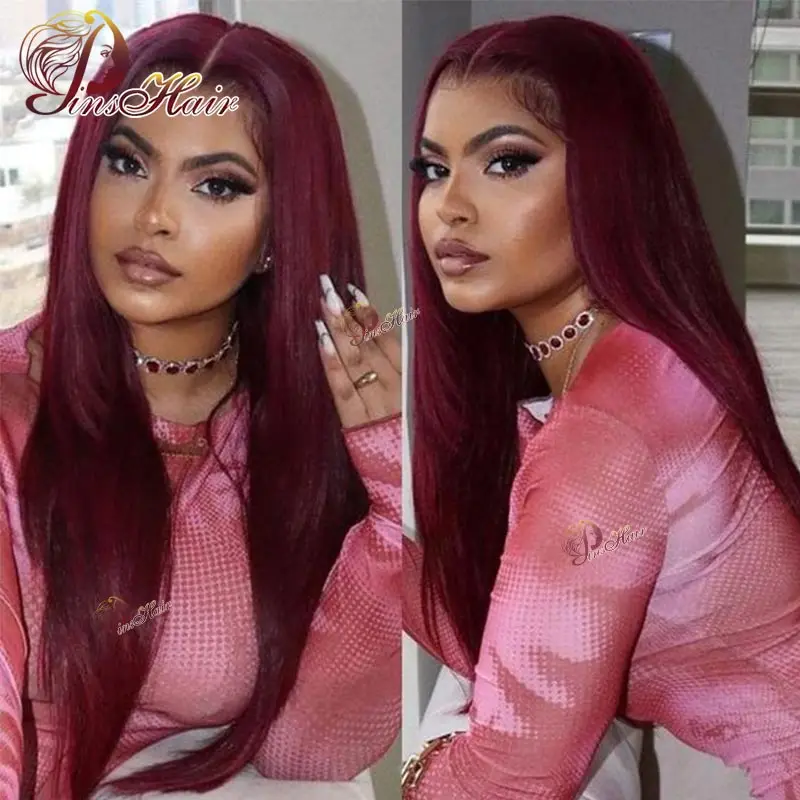 99J Burgundy Red Lace Front Human Hair Wigs Colored Straight 13x4 Transparent Lace Frontal Closure Wig Wigs For Black Women