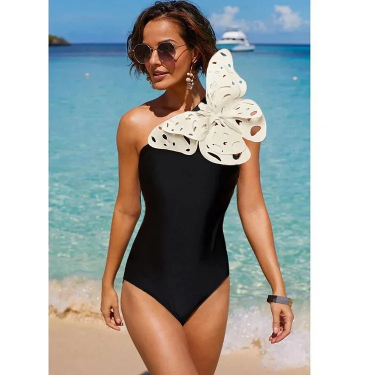 Fashion Single-Shoulder One-Piece Swimming Suit Female Summer New 3D Hollow Butterfly Decoration Sexy Swimming Suit for Women