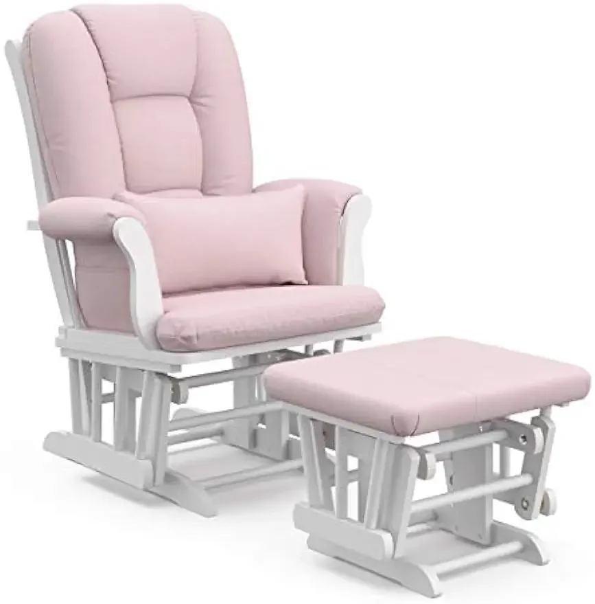 

Storkcraft-Custom Glider and Ottoman with Free Lumbar Pillow, Cleanable Upholstered Comfort, White Pink Blush Swirl