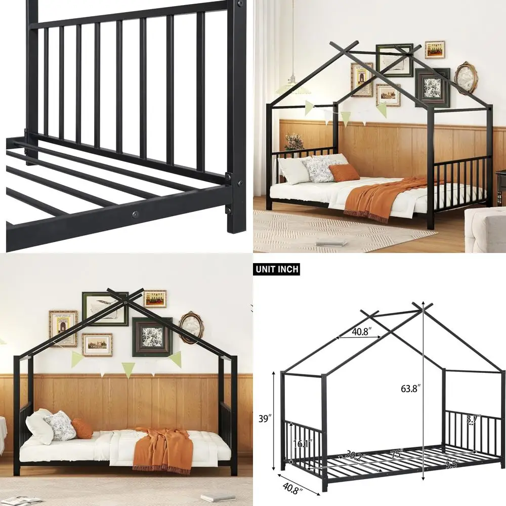 

Twin-Size Kids Floor Bed with High Back, Suitable for Rooms of Boys or Girls in Black