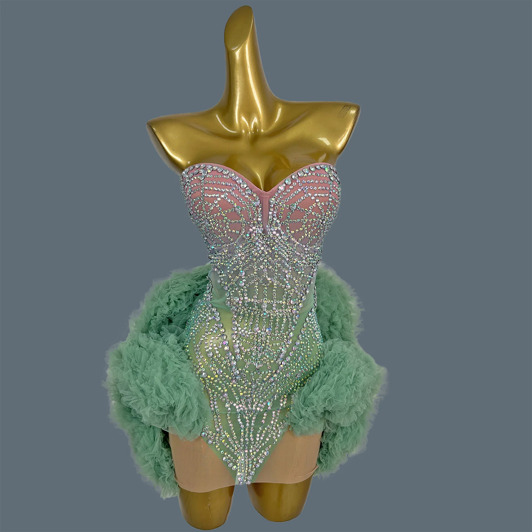 

Women Sparkly Rainbow Crystals Mini Dress Show Women Party Sexy Strapless tutu Dress Birthday Festival Spicy Girl Outfit Jiemo