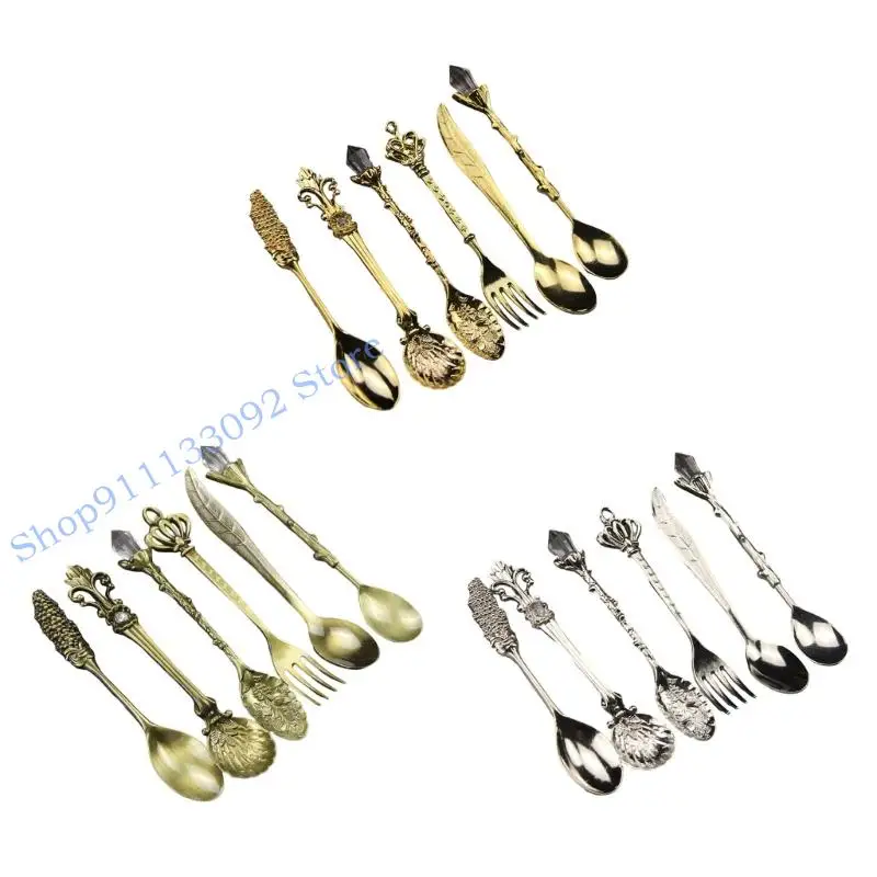 

H9ED 6 Piece Antique Stirring Spoons Crystal Zincs Alloy Vintage Dessert Coffee Teaspoons Dishwasher Safe Beverage Utensils