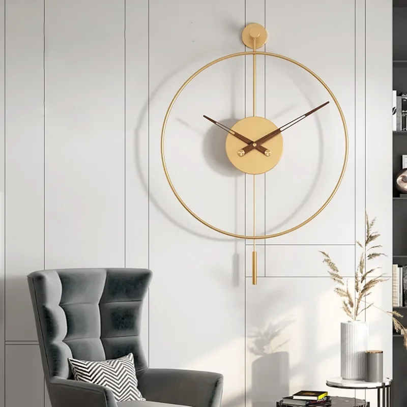 

Modern Round Minimalist Wall Clock with Swing Pendulum Silent Metal Decorative Art Clocks for Home Living Room Bedroom Office