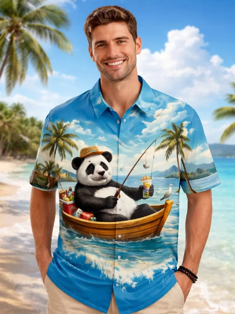 

Men's Short Sleeve Button Down Shirt Cute Panda Fishing Palm Tree Beach Casual Hawaiian Vacation Holiday Shirts Blouse