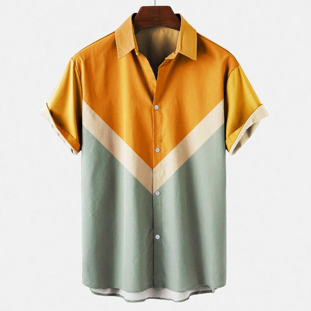 

Men's Hawaiian Beach Short-Sleeved Striped Shirt with 3D Print - Loose, Casual, Fashionable, Simple, Without Pockets Top