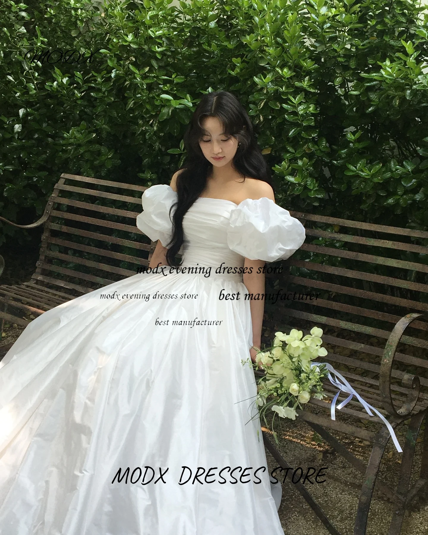 MODX ホワイト A ラインサテン韓国のウェディングドレスノースリーブカスタマイズされたブライダルドレス屋内結婚式の撮影ドレス