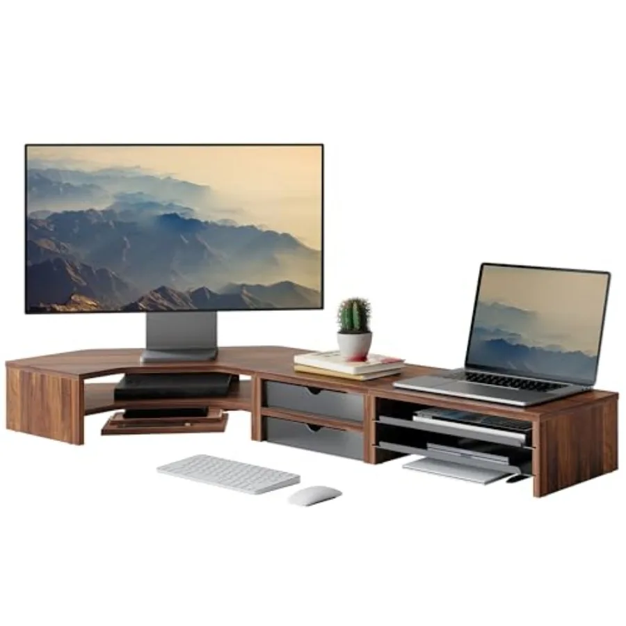 Dual Monitor Stand Corner Shelf for Home Office: Aluminum Black Space-Saving 2-Tier Triangle Riser with Drawer Slide-Out Tray