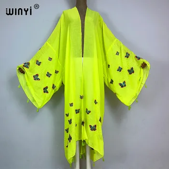 WINYI hochwertiges, mit Schmetterlingen besticktes Fransenkleid, Boho-Maxi-Strand, Urlaub, Strand-Vertuschungen für Bademode, Damen, Afrika-Kimono
