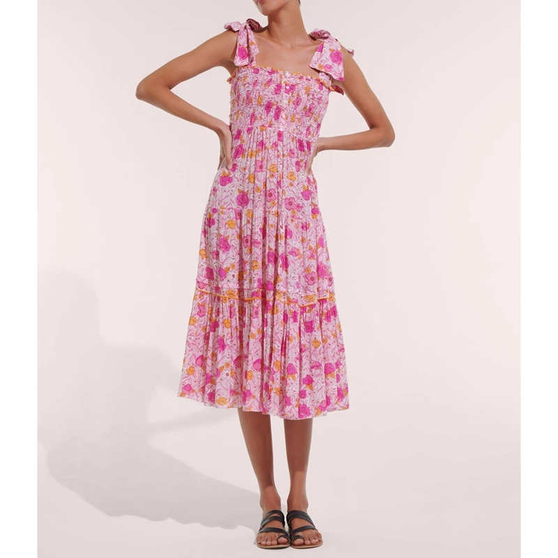Feminino verão multi-way vestindo alças largas arco amarrado smocked botão para baixo floral flowy a linha tanque vestido longo