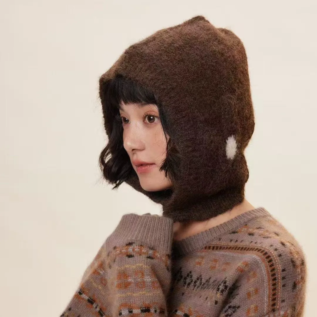 Ebony Brown Minimalist Knitted Wool Beanie Cap Wool Flower Balaclava Hat Autumn Winter Warm and Cold Ear Protection Bomber Cap