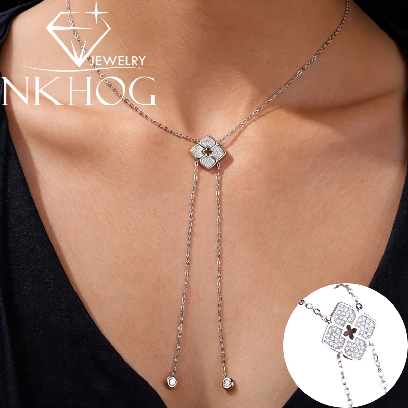 NKHOG Full Moissanite Necklaces For Woman Flower Long Chain 925 Sterling Silver Pendant Certified Wedding Necklace Engagement