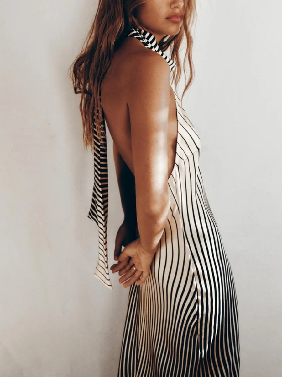 Zomer Nieuwe vrouwen Losse oulder Zijde Satijn Streep Casual Dr Hoge Taille Lange Sve ronde Ne H-ape pendelen Sle Dr