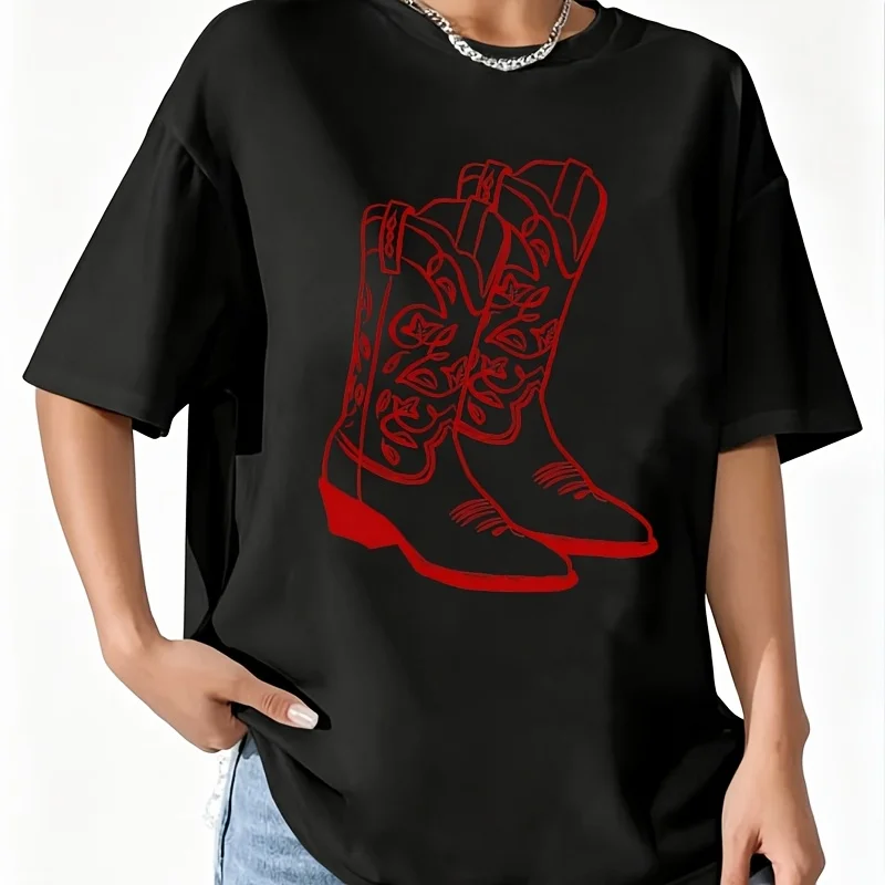 Y2K Summer Western Cowboy Boots Crop Women's 100% Cotton T-Shirt Short Sleeve Top Casual Round Neck Fun Print Tee S-5Xl