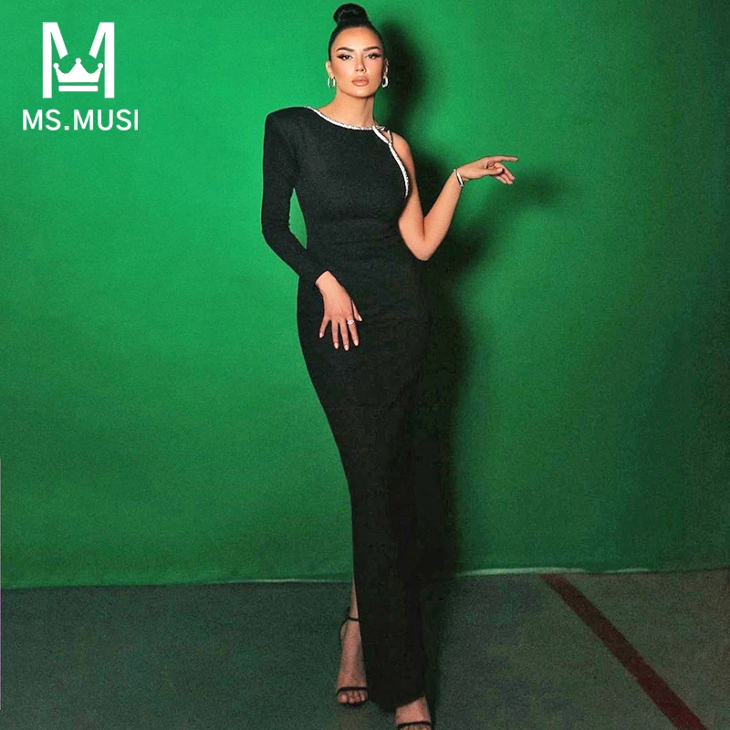 

MSMUSI 2023 New Fashion Women Sexy One Shoulder Halter Sequins Long Sleeve Backless Bandage Party Club Bodycon Event Midi Dress