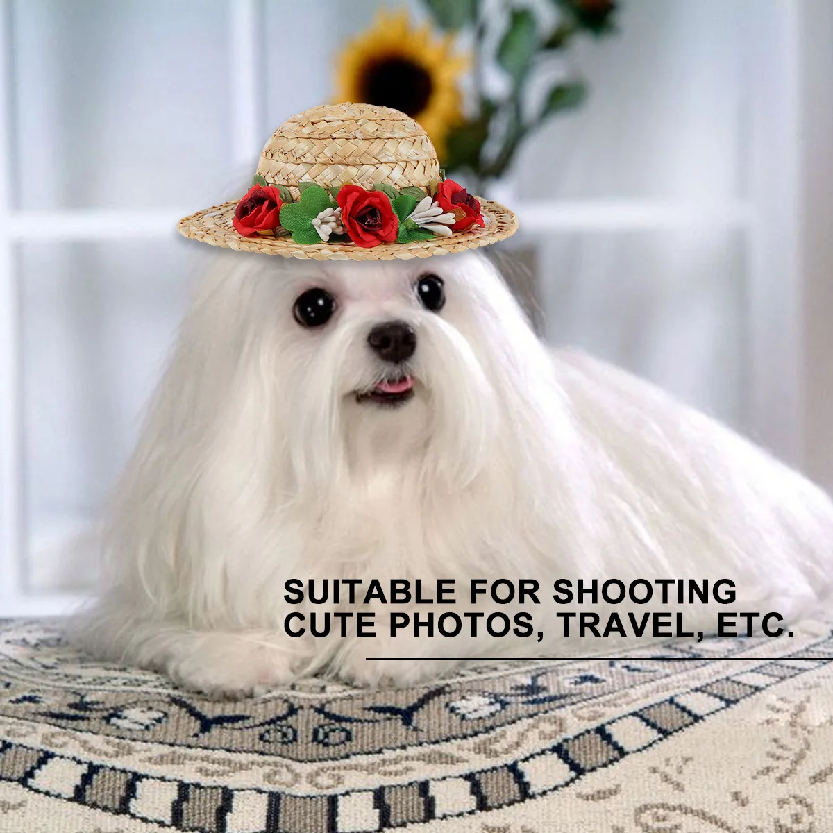 

1pc Pet Flower Flower Hat Straw Woven Adjustable Dog Hat For Cat Rabbit Outdoor Decorative Headwear Rose Size S