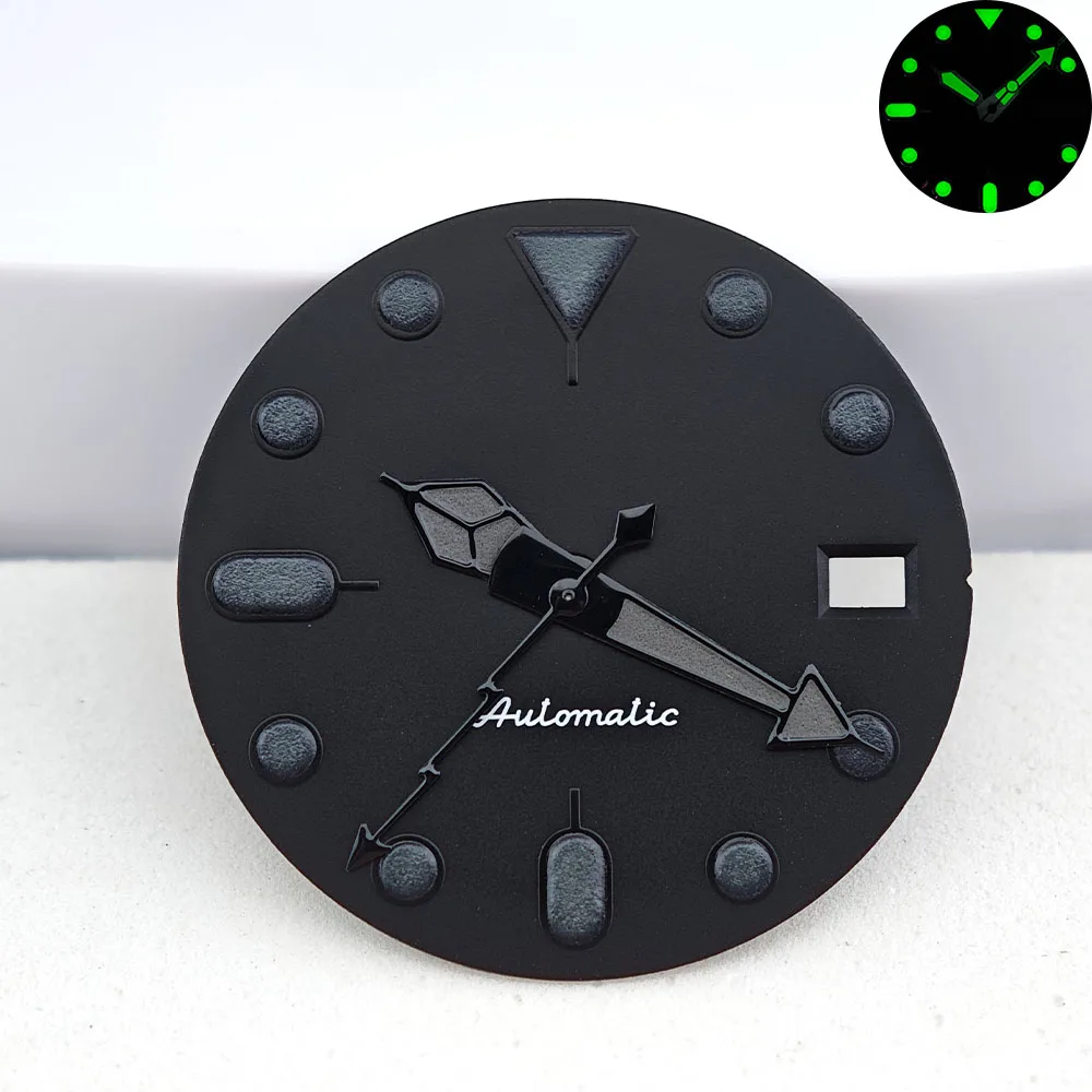 28.5mm Black Watch Dial & Hands Set, Green Luminous Single Double Date Window Fit NH35 NH36 Automatic Movement Watch Mod Replace