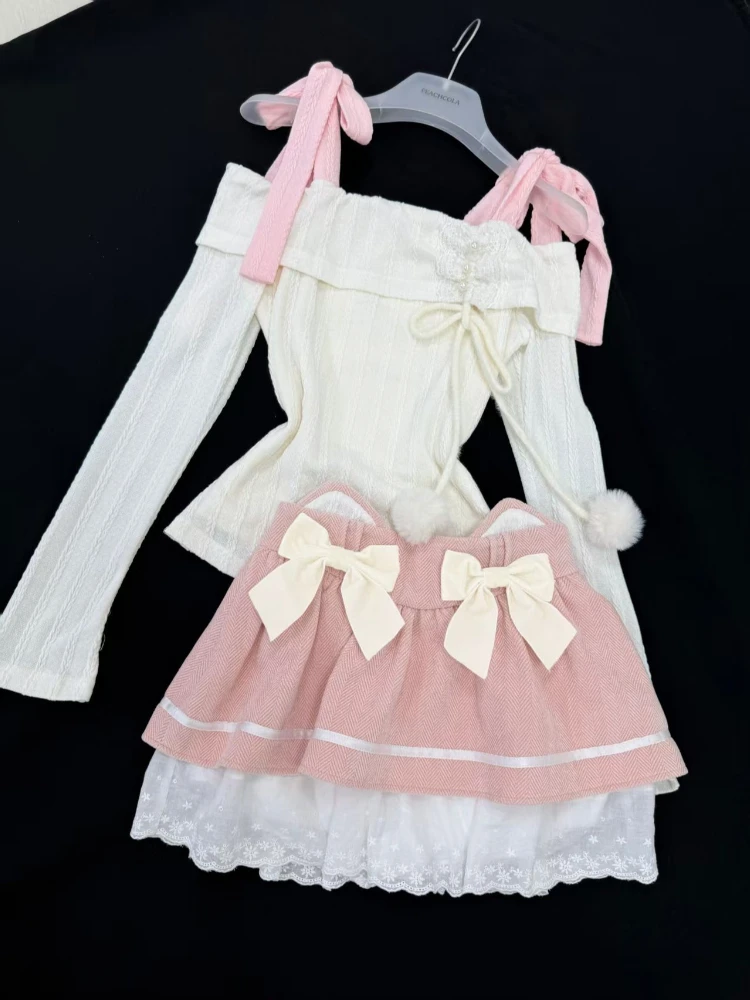 일본식 스위트 슬림 오프숄더 투피스 세트 여성 Y2K 디자인 귀여운 리본 레이스 티셔츠 캐주얼 우아한 패치워크 짧은 치마 세트