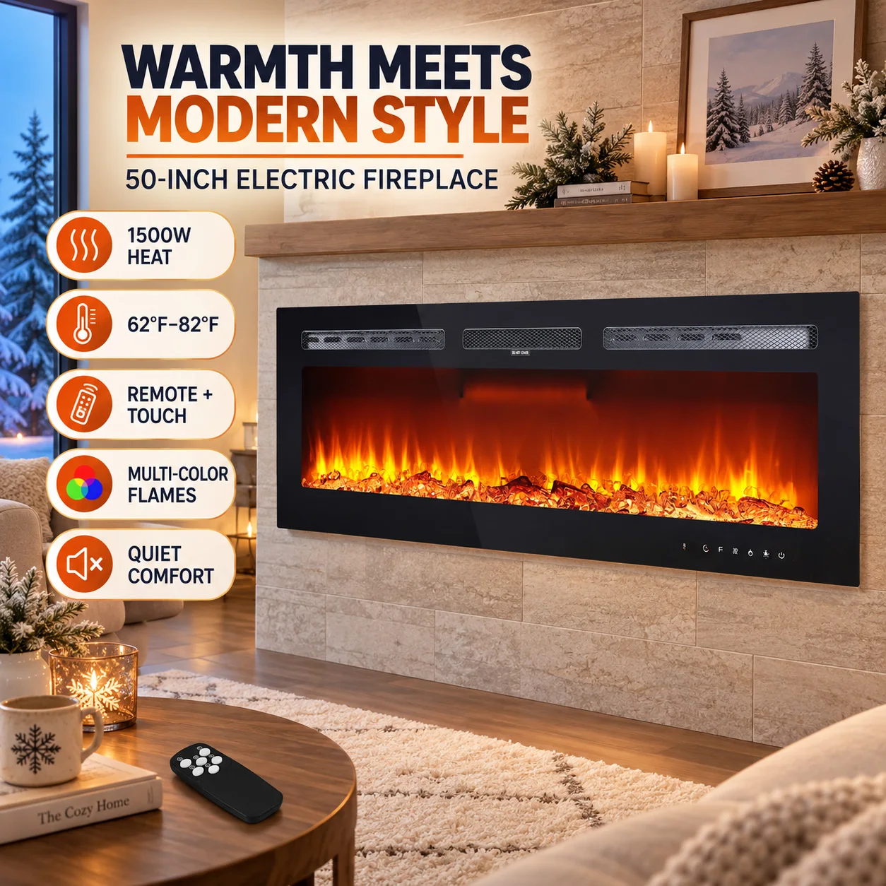 50 Inch Electric Fireplace Wall Mounted Recessed Fireplace Heater with Remote Control Touch Screen Adjustable Flame Colors Brightness Timer Low Noise Tempered Glass for Living Room Bedroom