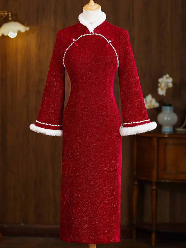 red-long-sve-fro-coat-young-sle-winter-thiened-fce-return-home-dr-women's-winter-new-arrival-qipao-dr