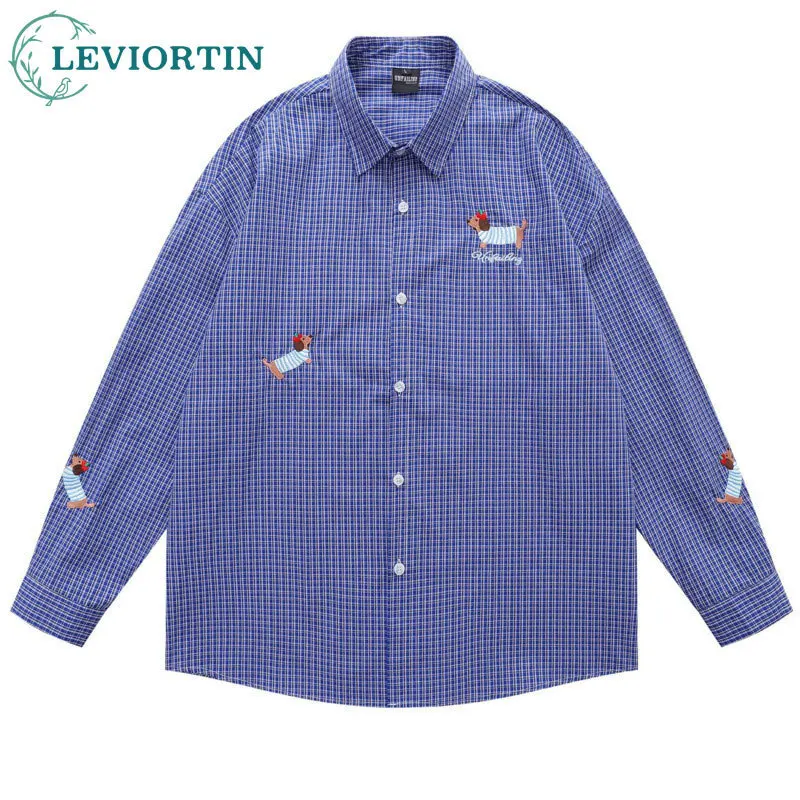 

2025 Autumn fashion versatile couple shirt American retro dachshund embroidery design checkered loose long sleeved shirt