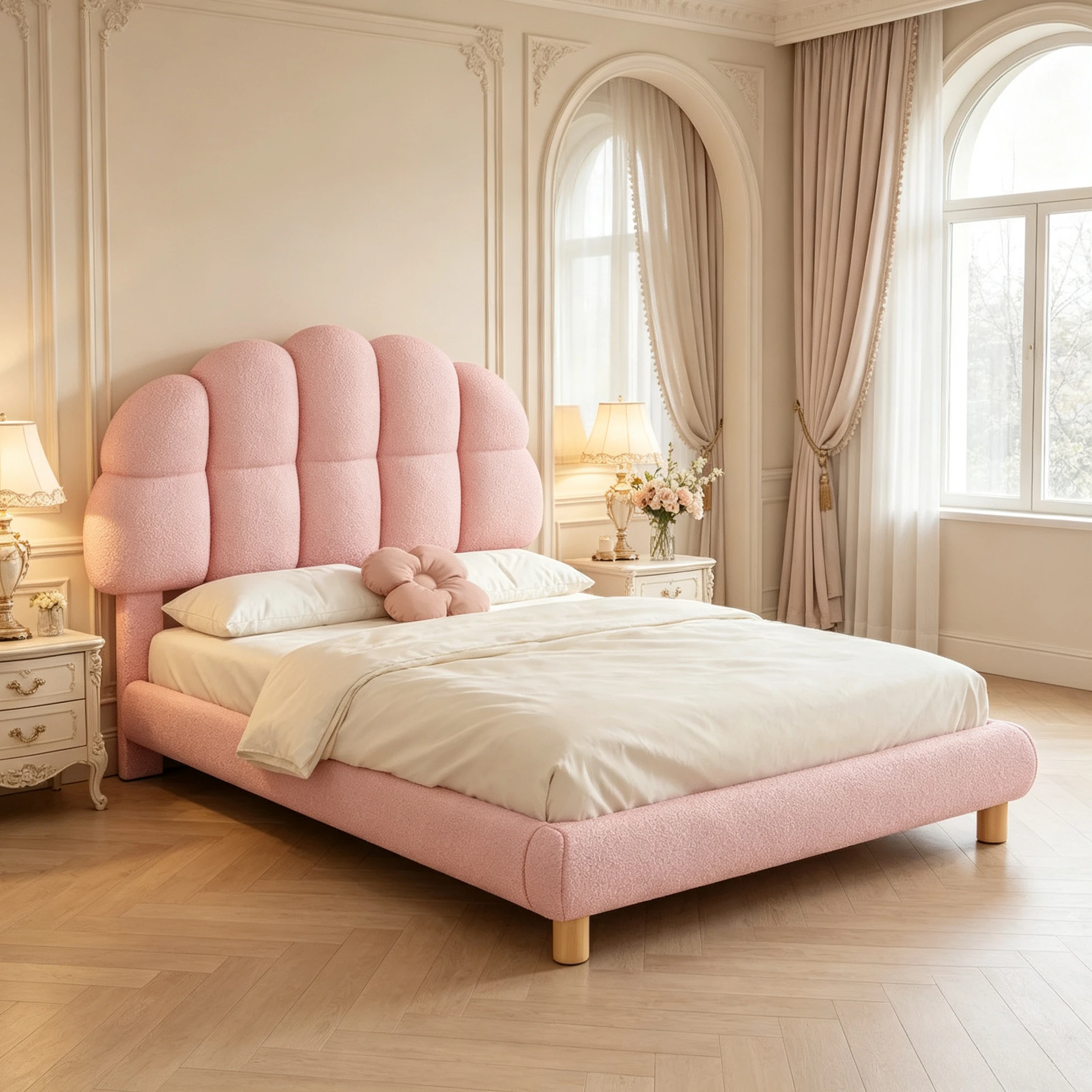 Lit simple Fangange, lit enfant, lit adolescent, lit rembourré, tête de lit semi-circulaire réglable, sommier à lattes, convient pour chambre d'enfant, chambre à coucher, appartement, matelas non inclus.