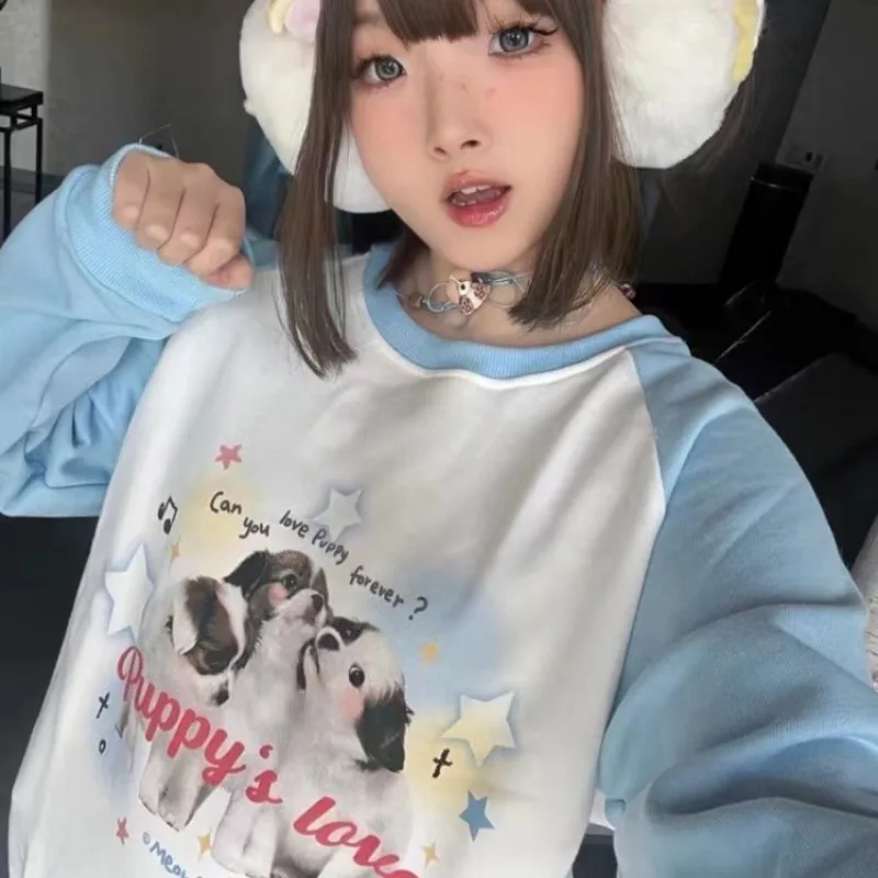 Y2k E-Girl Cat Print O-neck Sweatshirts Women 2024 Autumn New Long Sleeve Loose Tops Japanese Sweet Sweatshirt Mujer