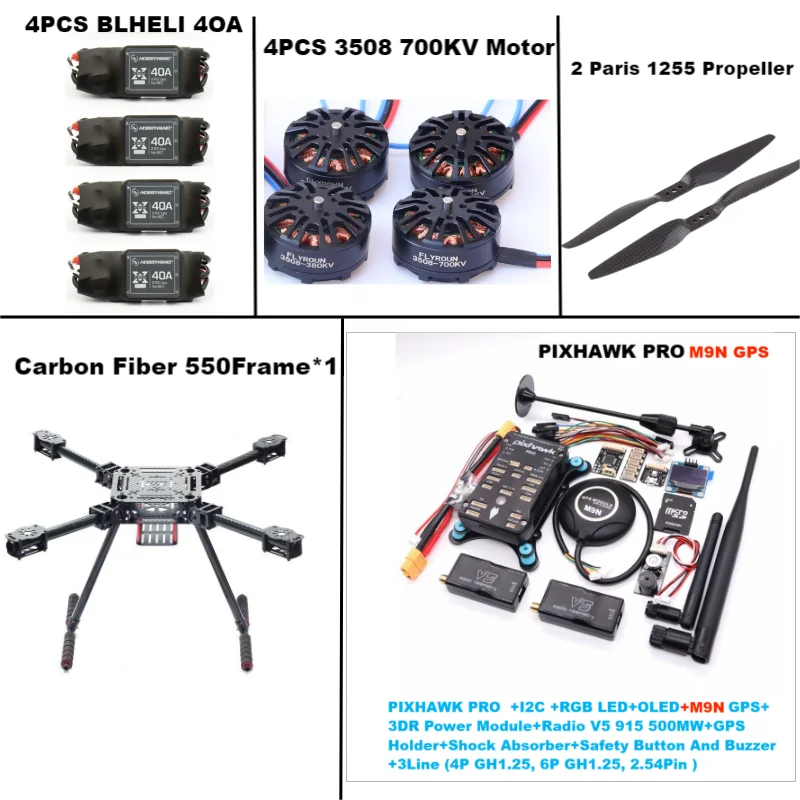 RctoSk 550 Hexa Frame PIXHAWK PRO M9N Controle de vôo Carbono Ardupilot Rádio Telemetria Quadcopter BLHELI 40A 3508 700KVMotor ESC