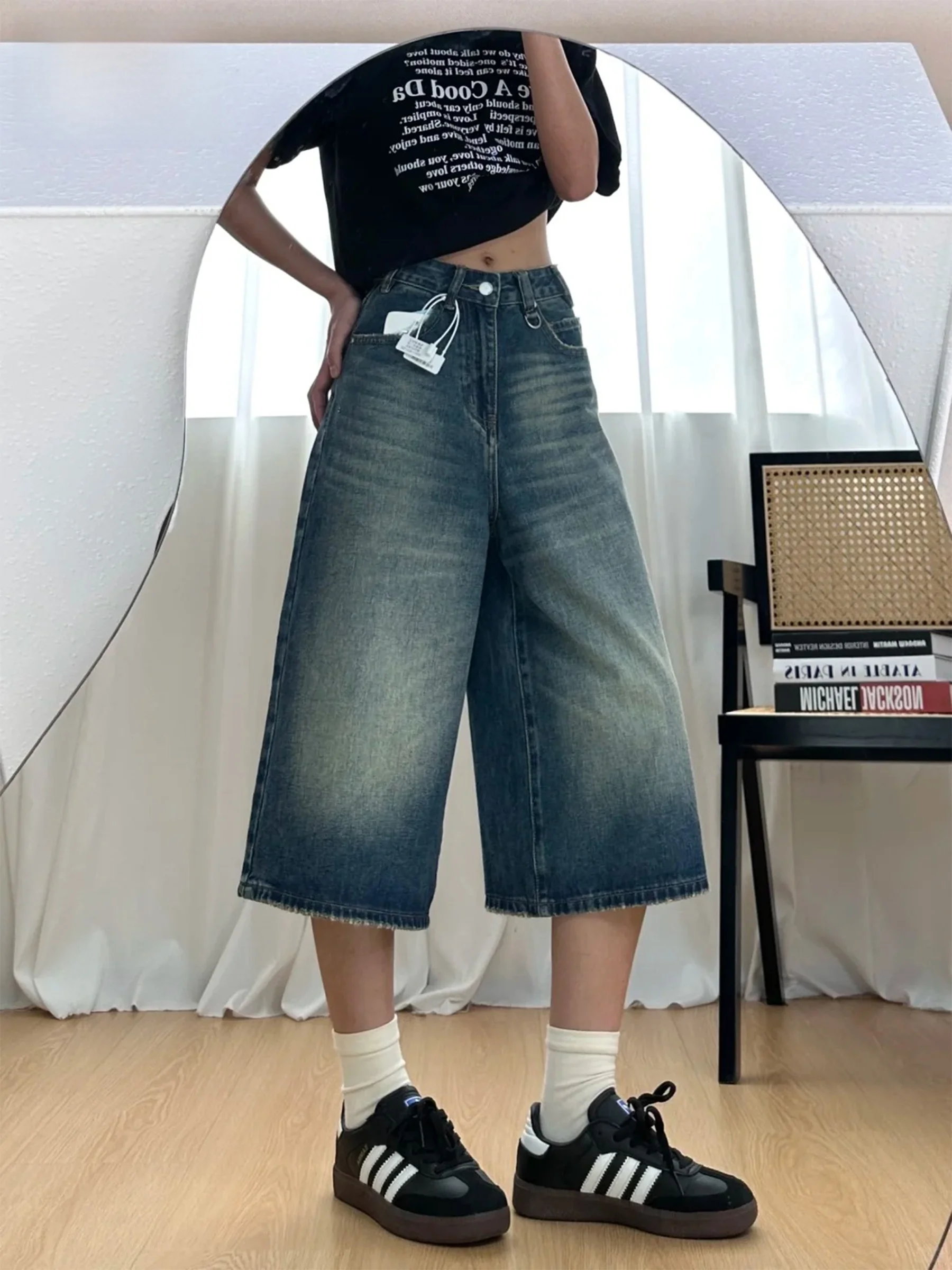 

Retro Blue High Waist Loose Seven-Five Women's Jeans American Style Summer Slim Straight Leg Wide Leg Mid-Length Pants