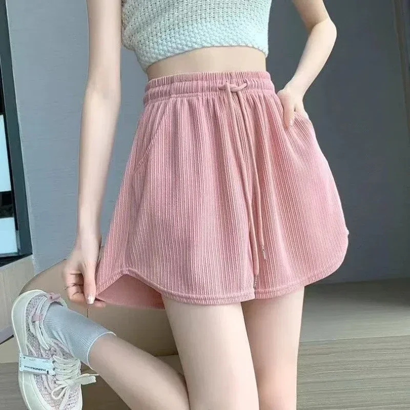 

High-waisted Drawstring Pocket Screw Thread Fashion Solid Color Minimalist Casual Shorts Summer Women's 2025 New Patchwork
