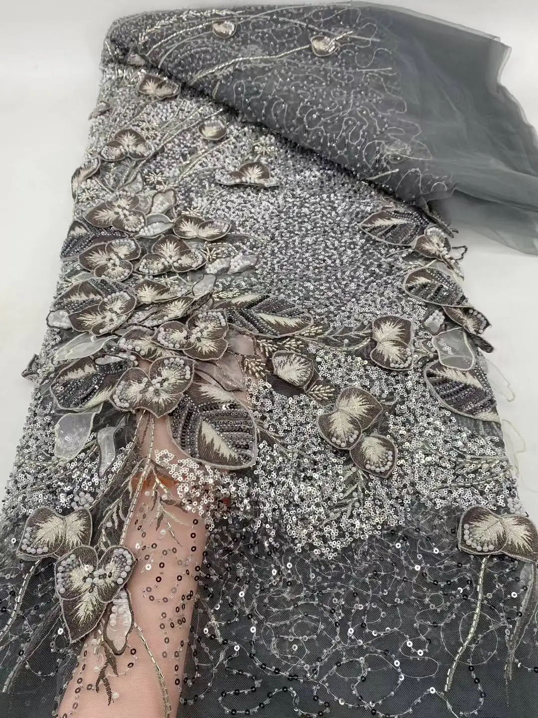 High Quality Elegant French Mesh Embroidery Tulle 3D Flower Fabric African Nigerian Lace Fabric for Wedding Party Dress -ST