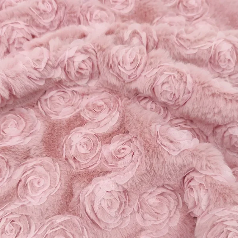 Pink Rose Embroider Faux Fur Fabric Rabbit Hair Fabric For Sewing Plush Toys Doll Blankets DIY Clothing Fabrics45x50cm/100x140cm