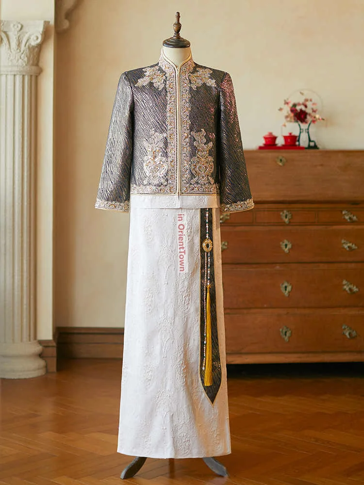 Traje Tang tostado para novio chino, conjunto de matrimonio para hombre, bordado Vintage Oriental, ropa Hanfu para celebración de boda y novio