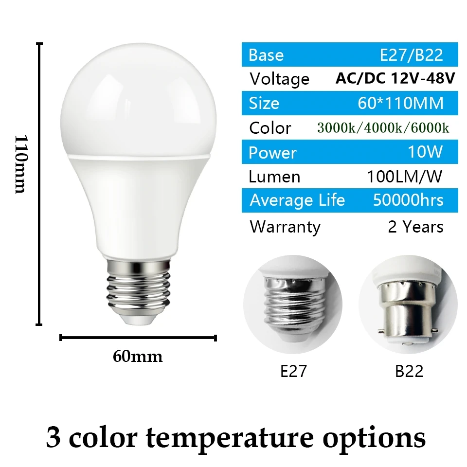 Low voltage LED Bulb AC DC 12V 24V 48V A60 E27 B22 Base Lamps 10W Bombilla For Solar Led Light Bulbs 12 Volts Lamp Lighting