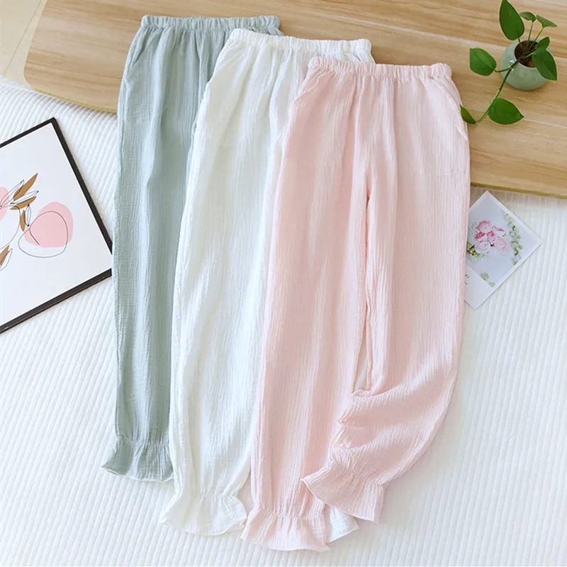 

New Pantalones Women Sleepwear Pants Double Layer Cotton Gauze Pajamas Pant Simple Fresh Spring Autumn Household Trousers