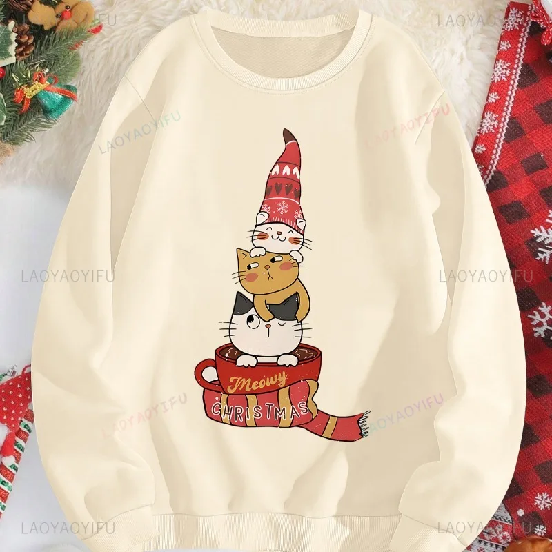 Santa Cat Festive Christmas Print Crew Neck Sweatshirt comfort AutumnPullovers Machine Washable Perfect Holiday Gift For Her