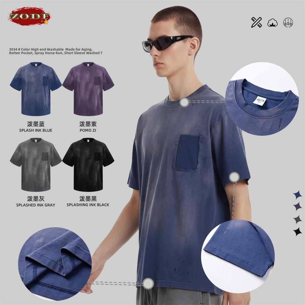 ZODF Retro 2026 Summer Men 275gsm Monkey Washed T-Shirts Unisex High Street Distressed Fake Pocket T Shirt Brand Tees HY1220