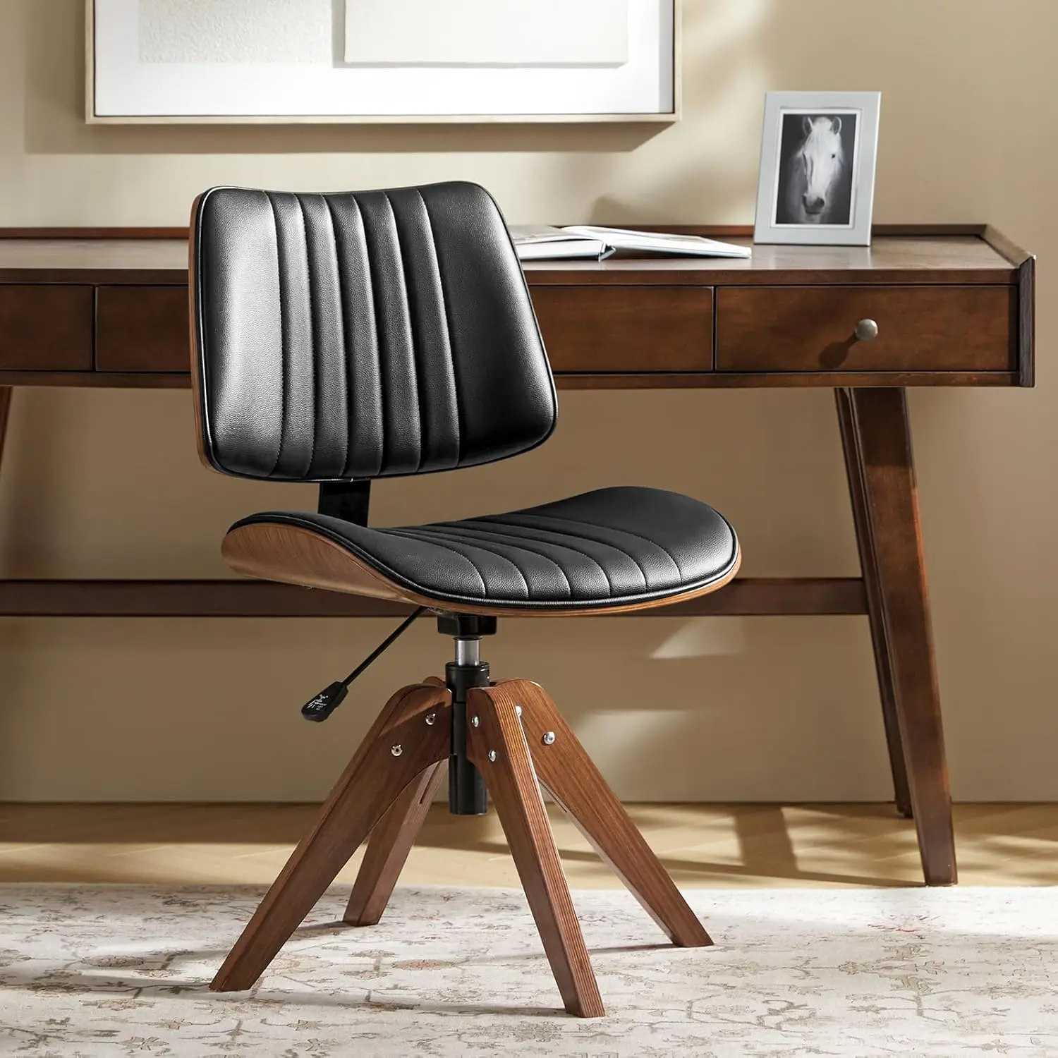 

Office Desk Chair with Solid Wood Legs, Adjustable Height & 360° Swivel, Comfy Bentwood Faux Leather Tufted Task, Customized