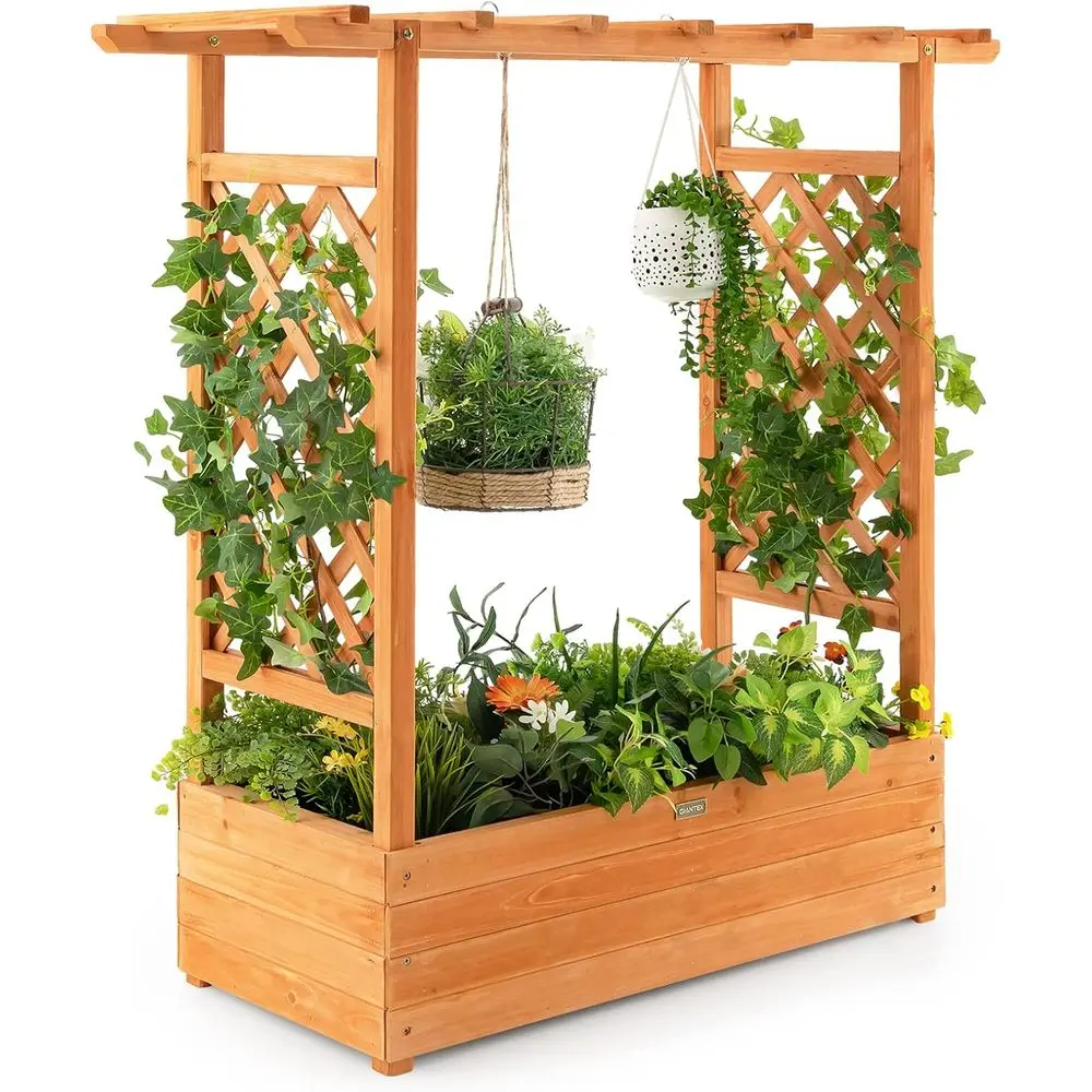 

Elevated Wooden Planter with Trellis, Drainage, Ideal for Climbing Plants, Suitable for Indoor or Outdoor Spaces