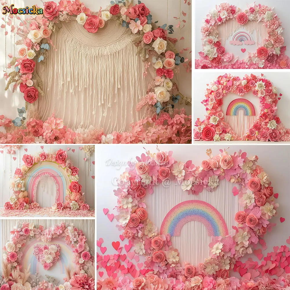 

Pink Boho Wedding Birthday Party Backdrop Photography Valentine's Day Floral Rainbow Wall Background Sweet Gir Photoshoot Studio