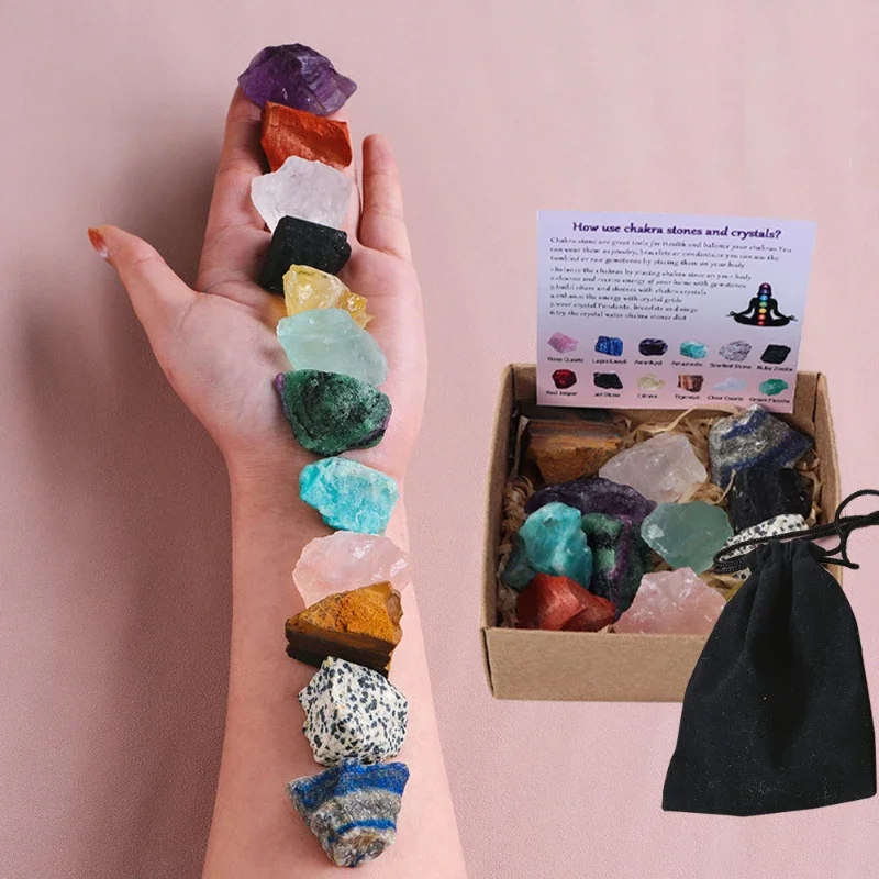 

12pcs Set Natural Rough Stone Collection Box Healing Energy Crystal Unpolished Amethyst Amazonite Loose Gems Kit Gifts